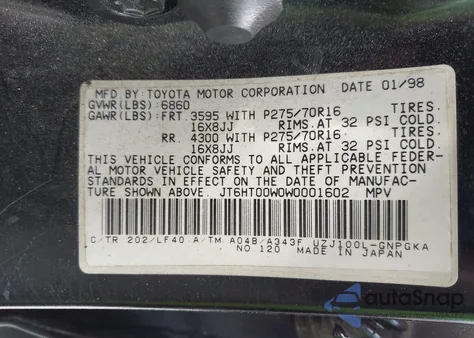 1998 Lexus Lx 470 z USA, uszkodzony, nr VIN JT6HT00W0W0001602